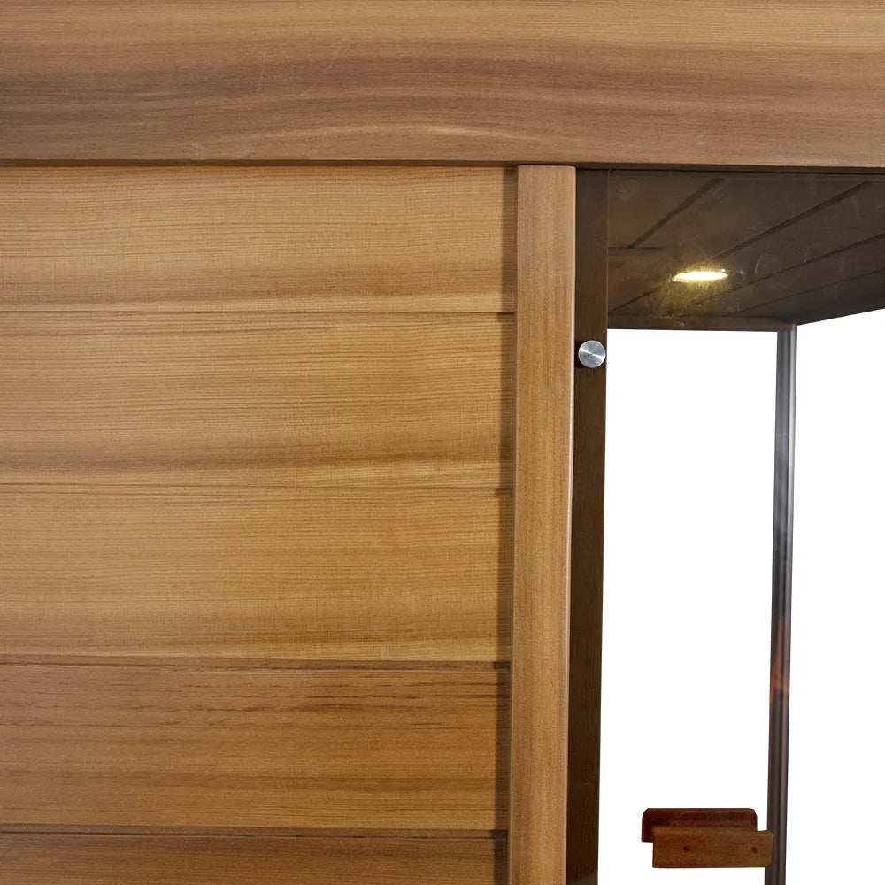 Wizzisaunas 909MRX — Outdoor Barrel Sauna in Red Cedar (Left Door)