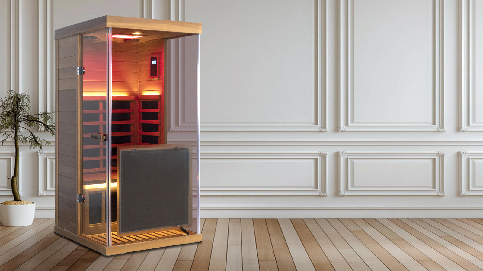 Wizzisaunas 909MRX — Outdoor Barrel Sauna in Red Cedar (Right Door)