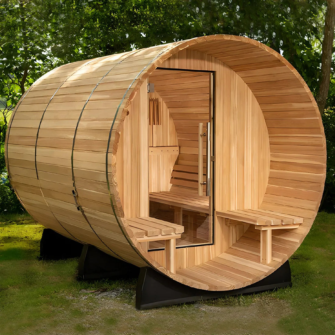 Outdoor 6-person traditional barrel sauna panoramic Finnish red cedar sauna