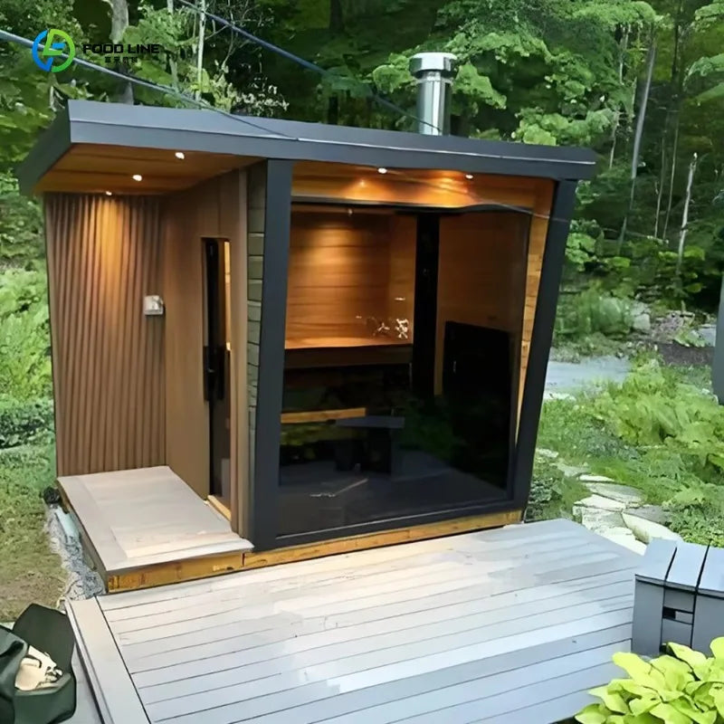 Customized Popular Outdoor Mobile Sauna Room 4-8 People Electric+Wood Stove Combo Shower Solid Wood Factory