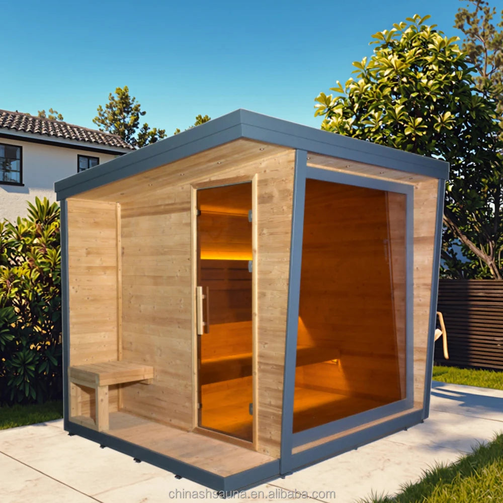 Large Size Morden Outdoor Wooden Sauna With Locker Room Outdoor Sauna with Panoramic Glass 6-8 People Garden Spa Sauna