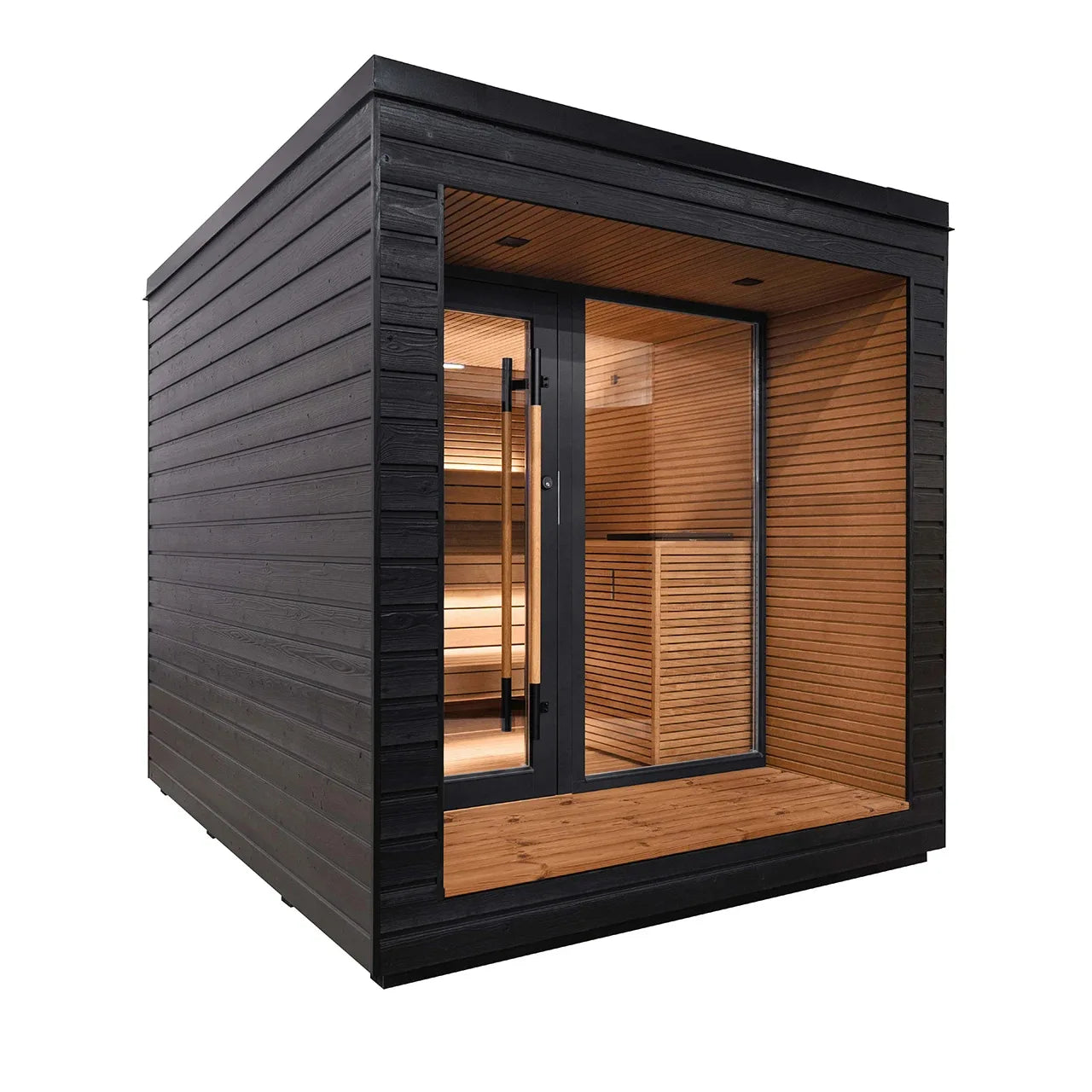 Stylishly designed outdoor sauna with all-glass doors for a luxurious family spa experience