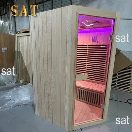 &s Double-person Solid Wood Sauna & Steam Room with Far-infrared Light Wave Heating Diamond-shaped Design for Home & Hotel Use