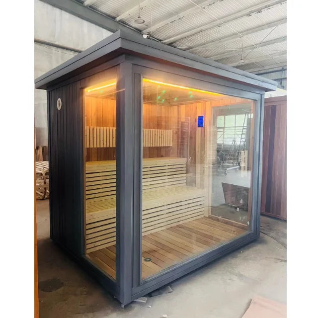 High Quality Outdoor Modern Home Sauna Red Cedar Cube Transom Windows Far Infrared Hemlock Outdoor Modern Home Sauna