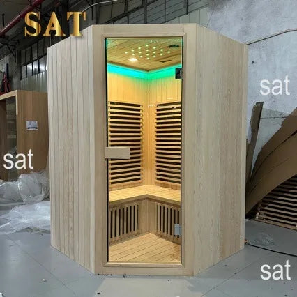 &s Double-person Solid Wood Sauna & Steam Room with Far-infrared Light Wave Heating Diamond-shaped Design for Home & Hotel Use