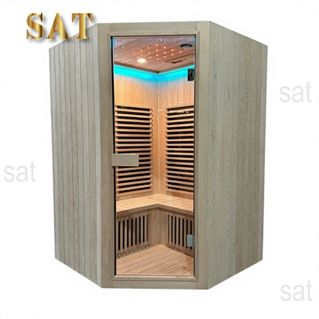 &s Double-person Solid Wood Sauna & Steam Room with Far-infrared Light Wave Heating Diamond-shaped Design for Home & Hotel Use