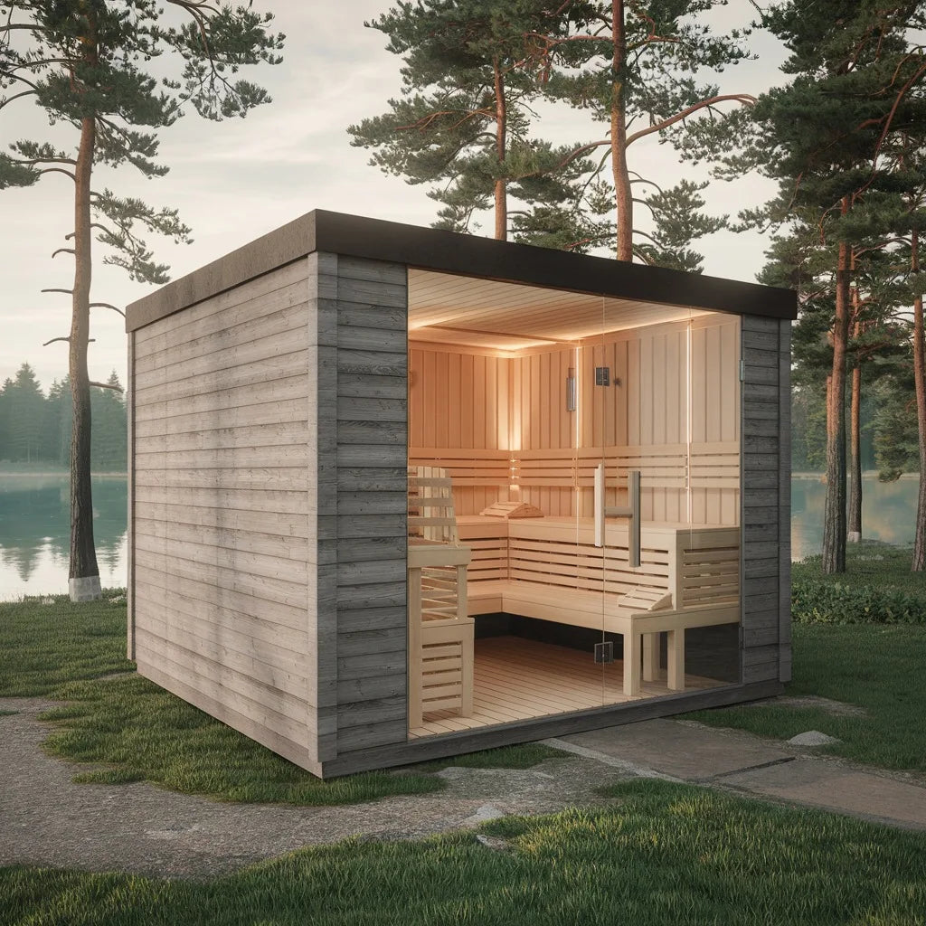 &s 4-Person Solid Wood Square Outdoor Sauna Room with Panoramic Window Shower Luxury Spruce Plug Powered Steam Cabin