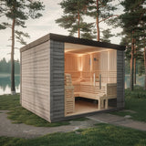 &s 4-Person Solid Wood Square Outdoor Sauna Room with Panoramic Window Shower Luxury Spruce Plug Powered Steam Cabin