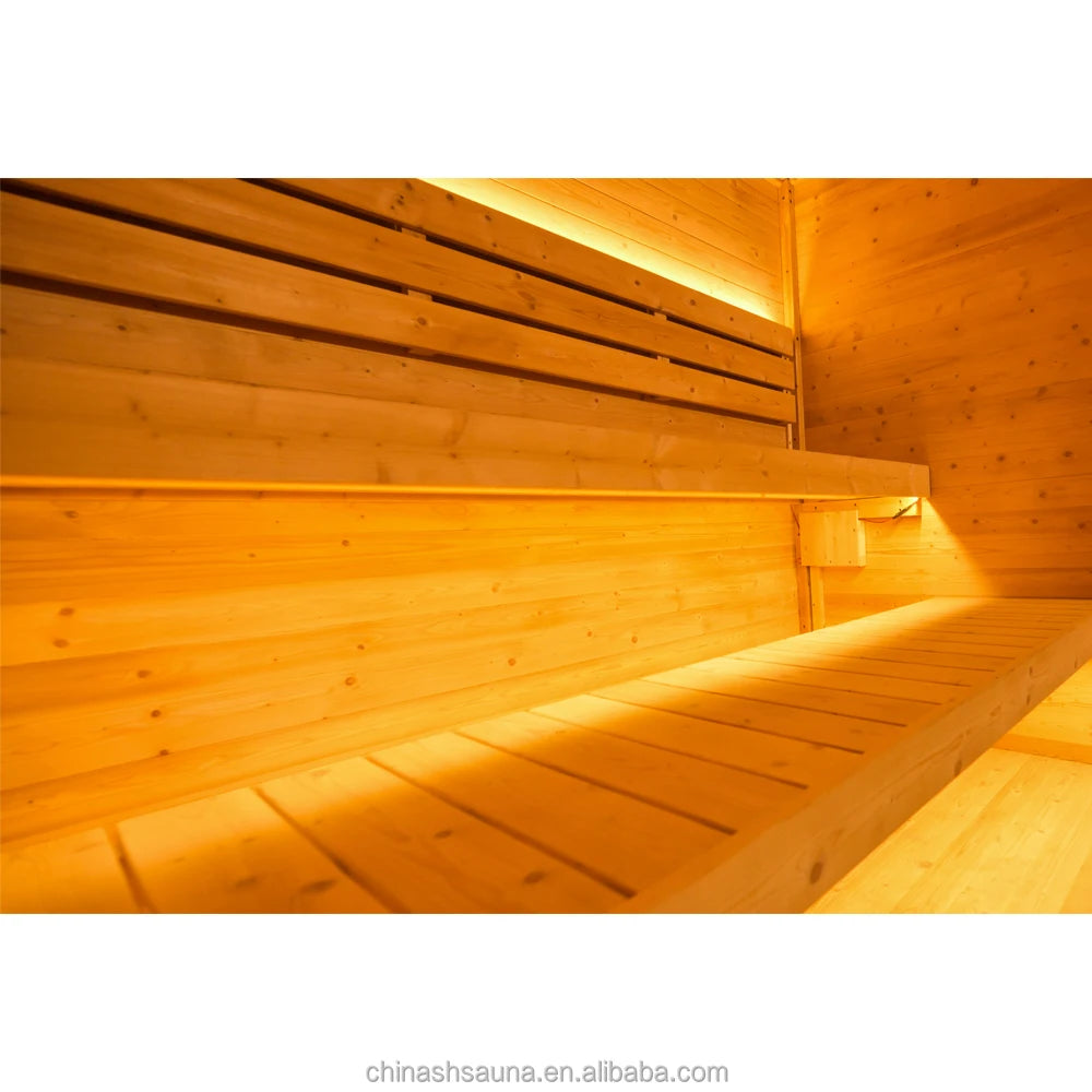 Large Size Morden Outdoor Wooden Sauna With Locker Room Outdoor Sauna with Panoramic Glass 6-8 People Garden Spa Sauna