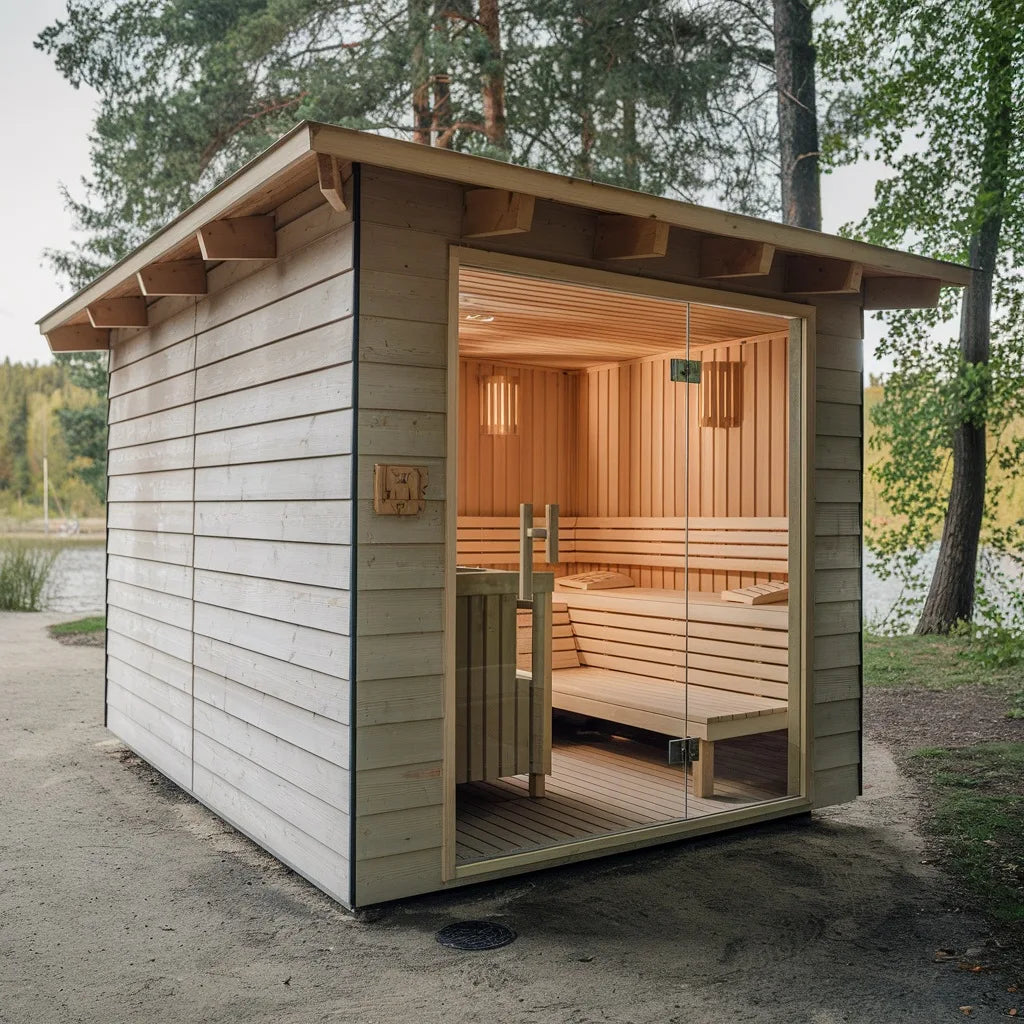 &s 4-Person Solid Wood Square Outdoor Sauna Room with Panoramic Window Shower Luxury Spruce Plug Powered Steam Cabin
