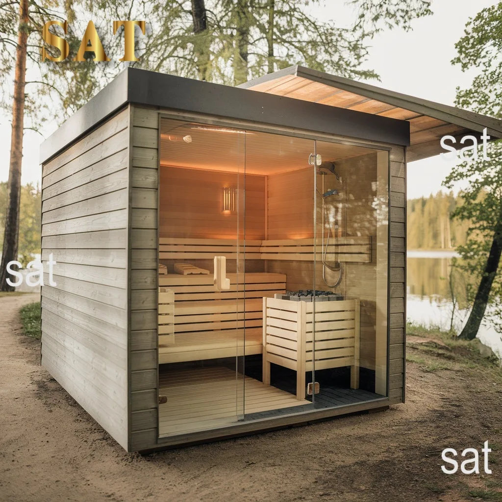&s 4-Person Solid Wood Square Outdoor Sauna Room with Panoramic Window Shower Luxury Spruce Plug Powered Steam Cabin