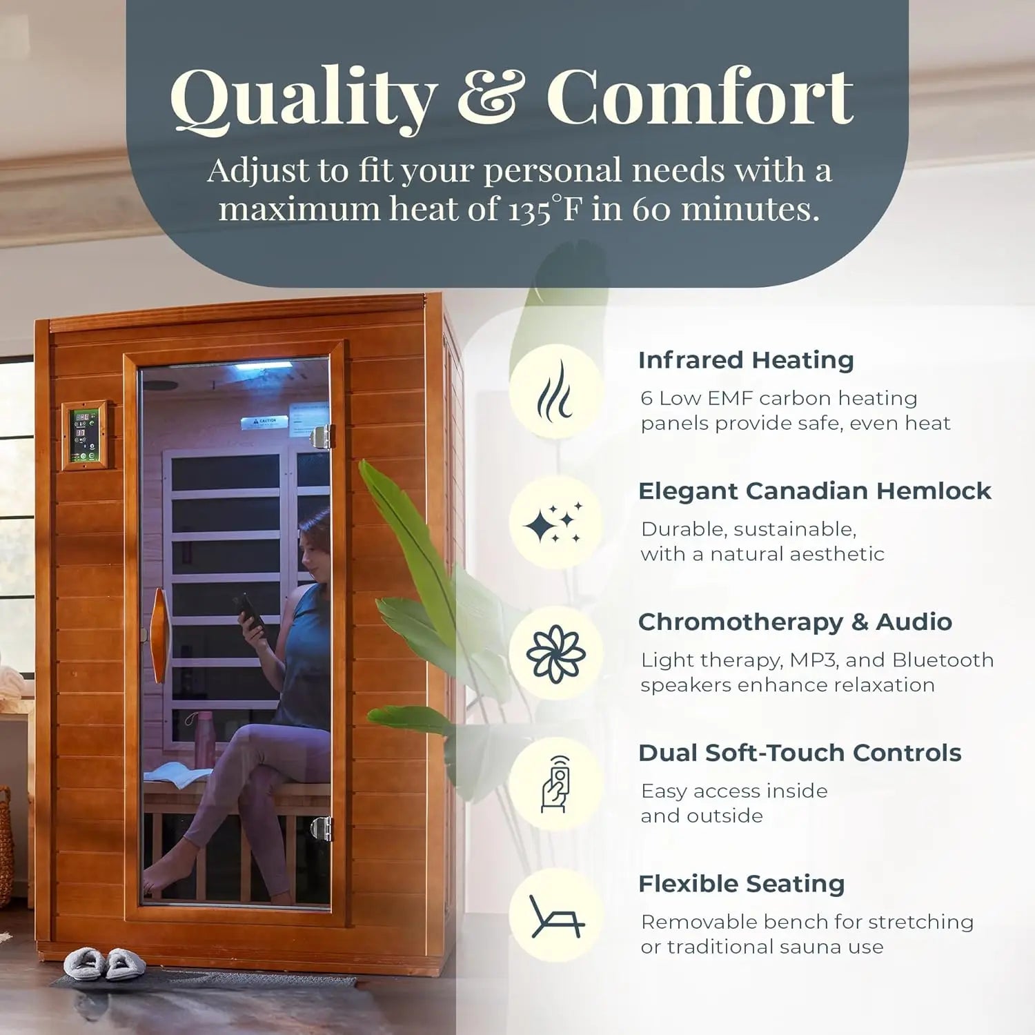 2-Person Low EMF FAR Infrared Sauna with Red Light Therapy & Bluetooth Speakers | Personal Indoor Dry Heat Sauna for