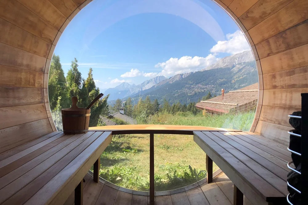 Fas Sauna Solid Wood Garden Panoramic Barrel Outdoor Sauna with Wood Stove