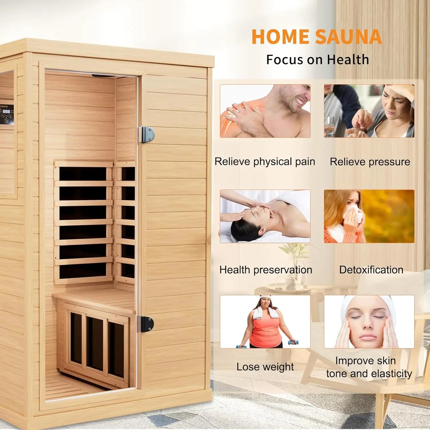 Infrared Wooden Sauna 1 Person Infrared Saunas for Home Dry Sauna for Home, Low Emf Infrared Sauna 1050W Indoor, Customized