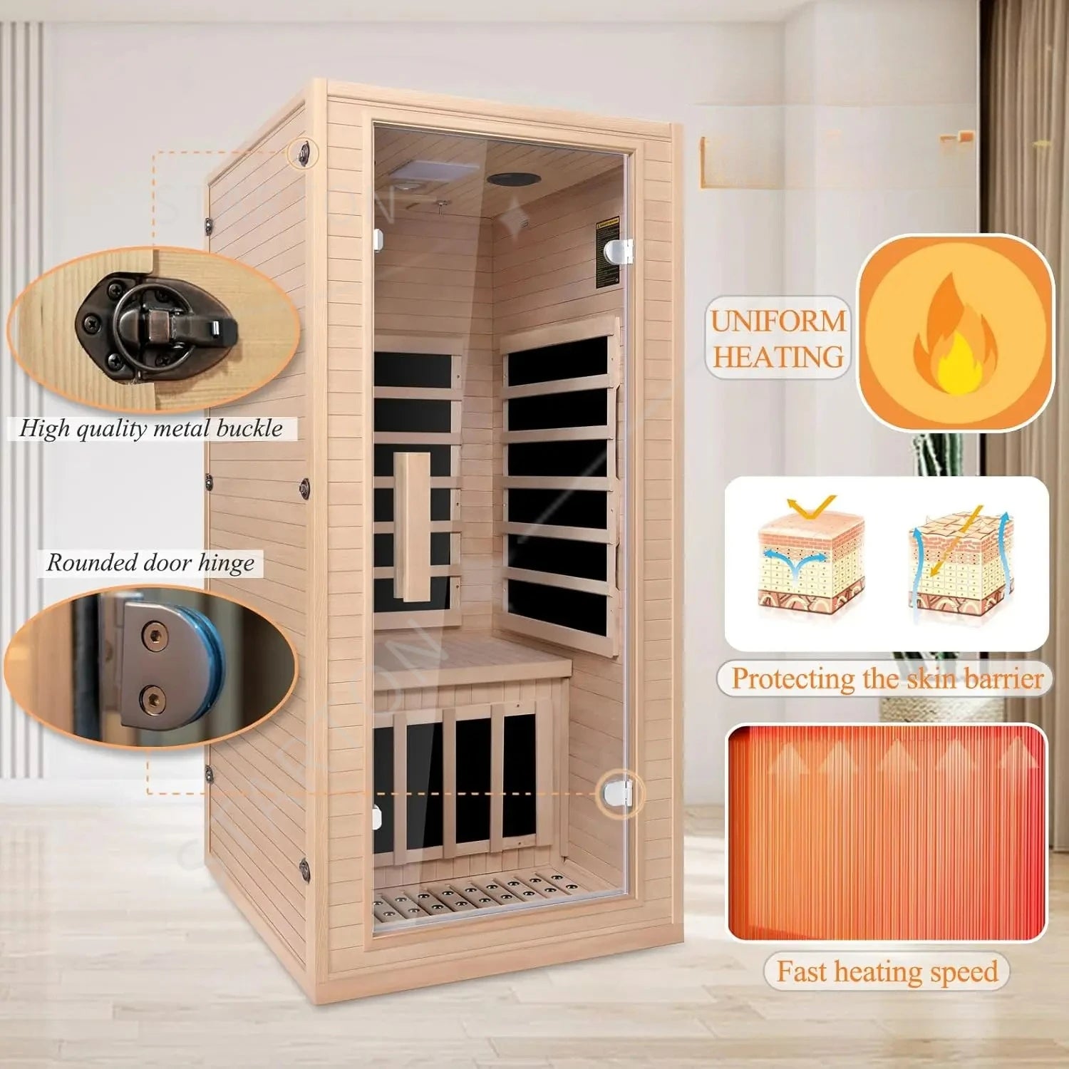 Natural Portable 1 Person Far Infrared Sauna for Home - Low EMF Carbon Fiber Heat with Bluetooth & Chromotherapy