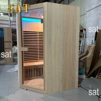 &s Double-person Solid Wood Sauna & Steam Room with Far-infrared Light Wave Heating Diamond-shaped Design for Home & Hotel Use