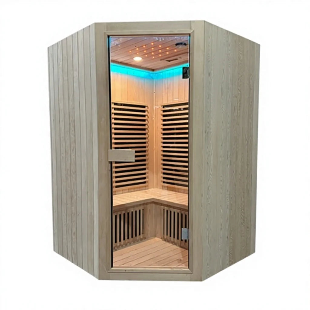 &s Double-person Solid Wood Sauna & Steam Room with Far-infrared Light Wave Heating Diamond-shaped Design for Home & Hotel Use