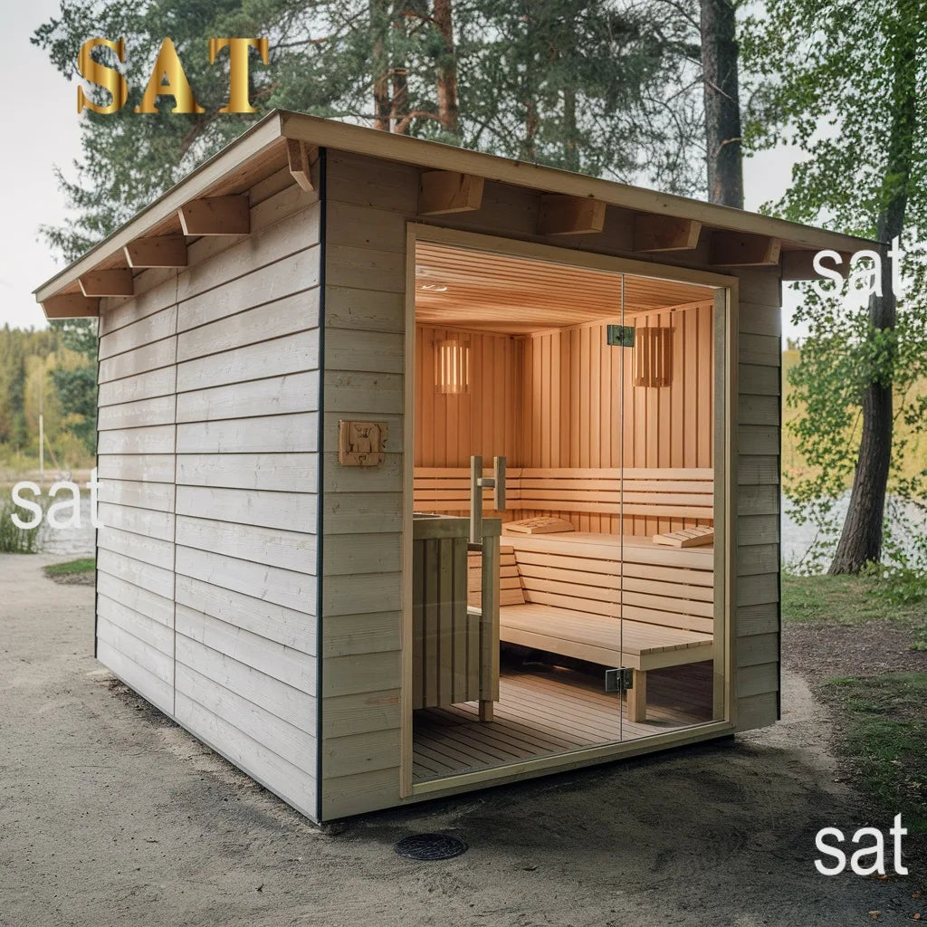 &s 4-Person Solid Wood Square Outdoor Sauna Room with Panoramic Window Shower Luxury Spruce Plug Powered Steam Cabin