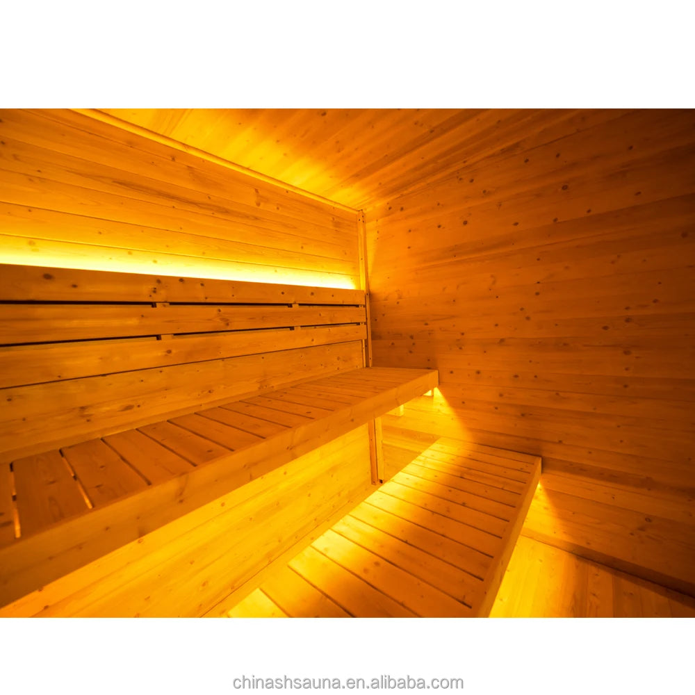 Large Size Morden Outdoor Wooden Sauna With Locker Room Outdoor Sauna with Panoramic Glass 6-8 People Garden Spa Sauna