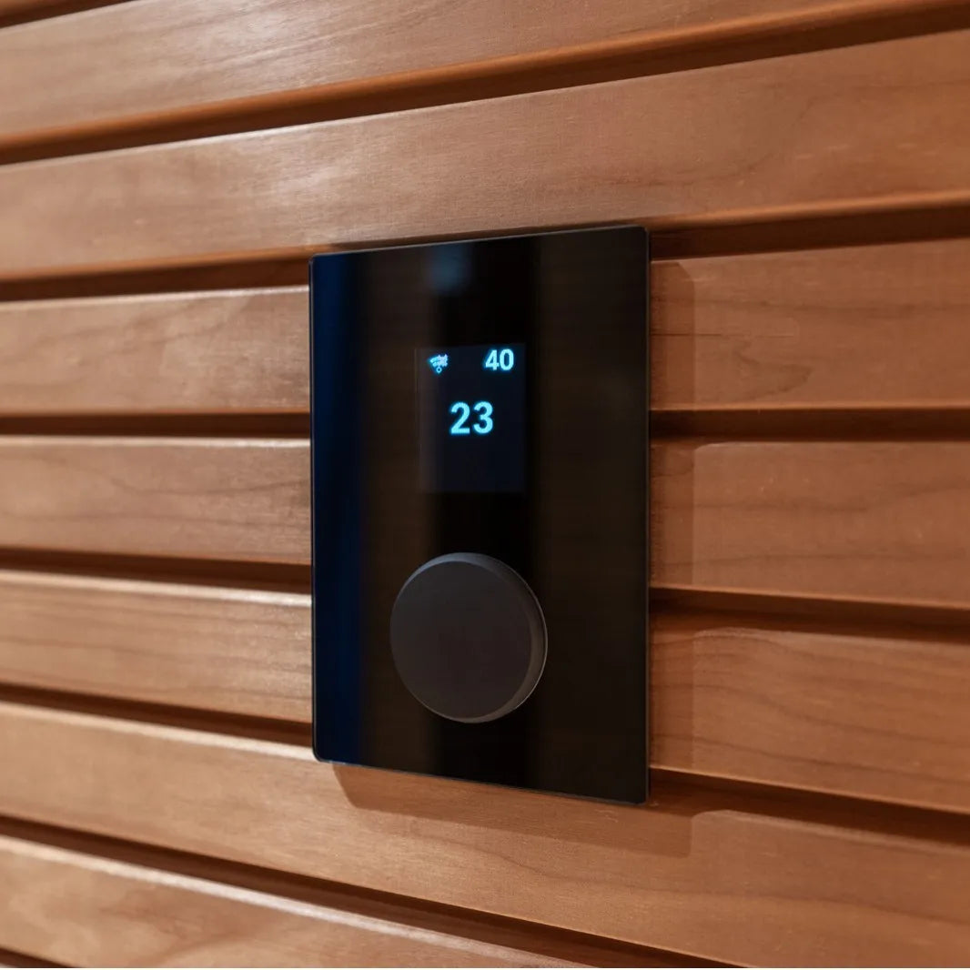 Stylishly designed outdoor sauna with all-glass doors for a luxurious family spa experience