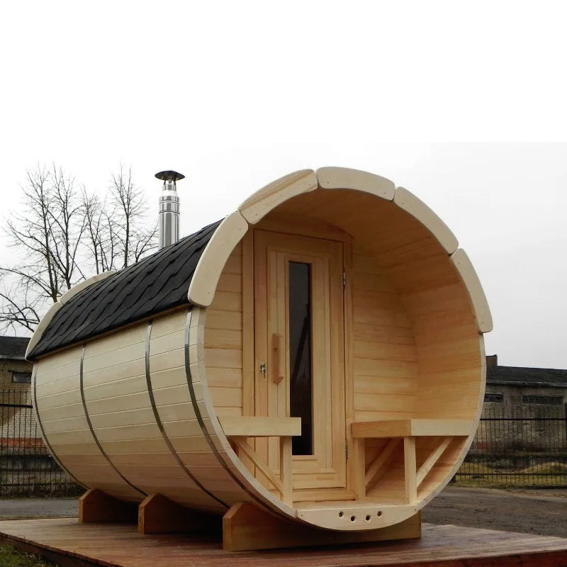 Outdoor 6-person traditional barrel sauna panoramic Finnish red cedar sauna