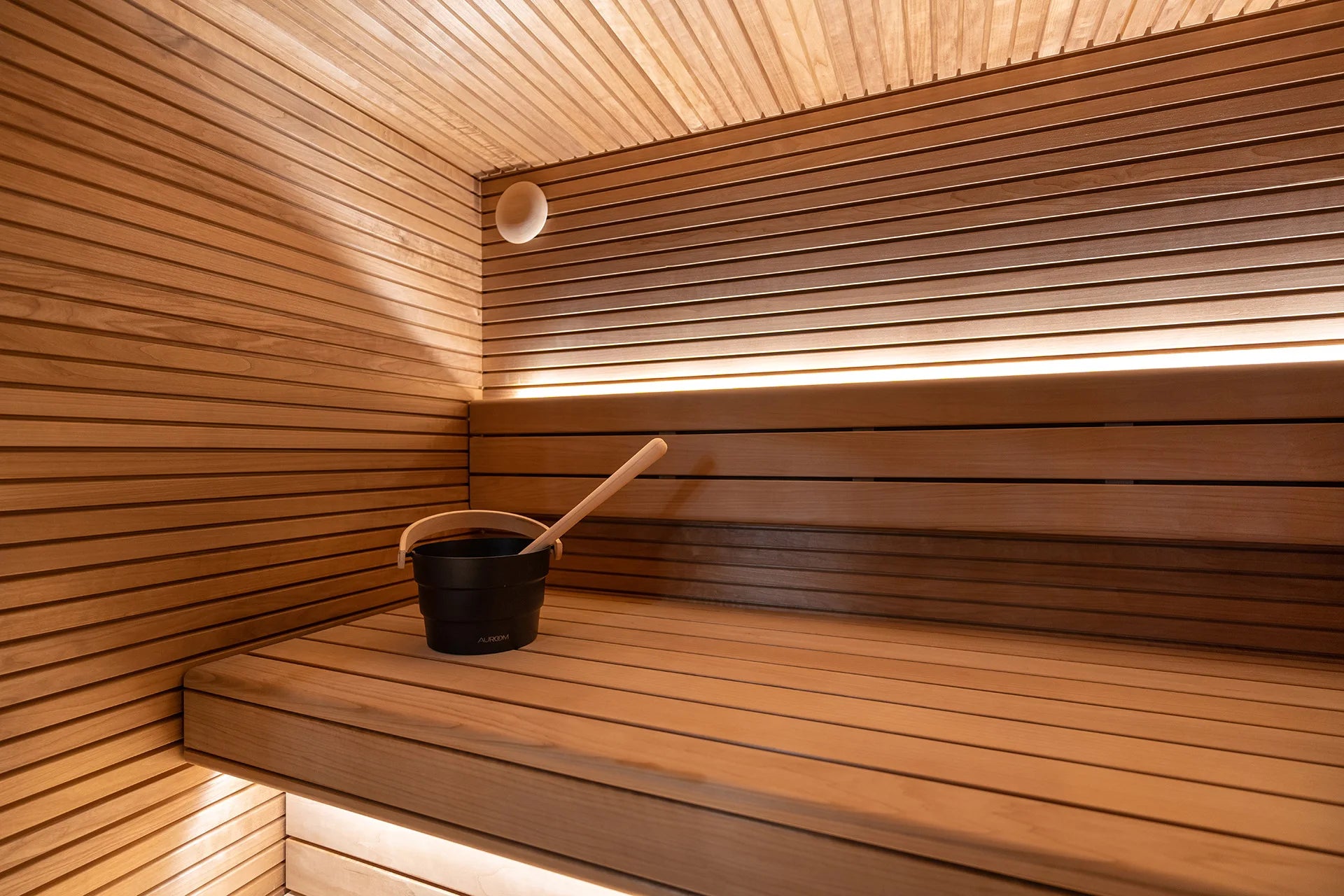 Stylishly designed outdoor sauna with all-glass doors for a luxurious family spa experience