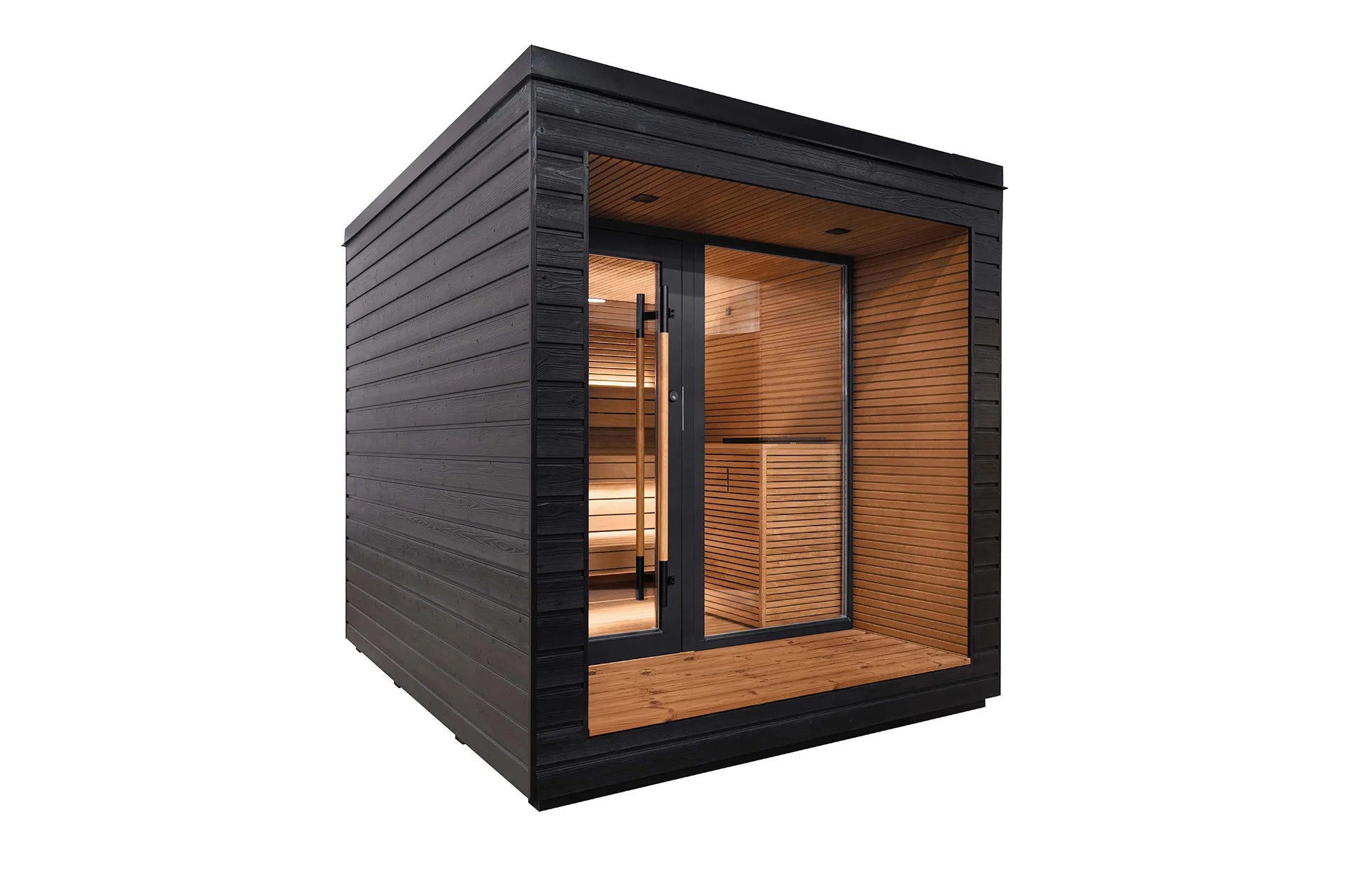 Stylishly designed outdoor sauna with all-glass doors for a luxurious family spa experience