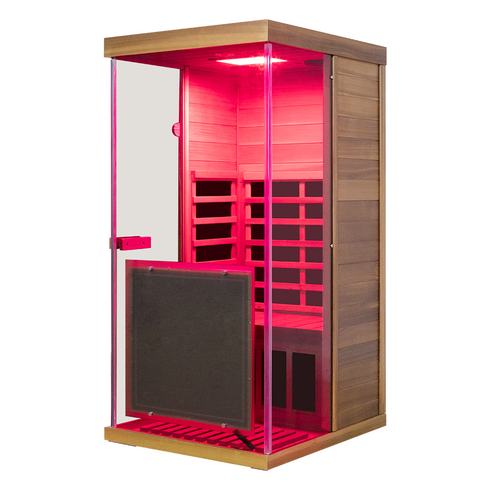 Wizzisaunas 909MRX — Outdoor Barrel Sauna in Red Cedar (Right Door)
