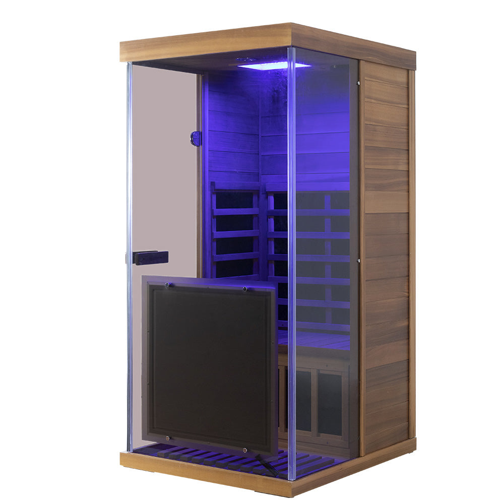 Wizzisaunas 909MRX — Outdoor Barrel Sauna in Red Cedar (Right Door)