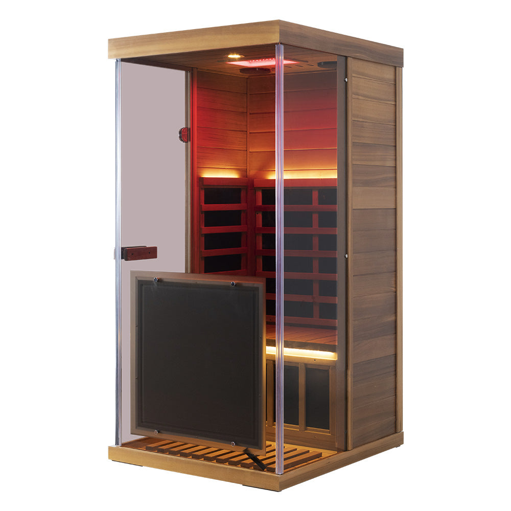 Wizzisaunas 909MRX — Outdoor Barrel Sauna in Red Cedar (Right Door)