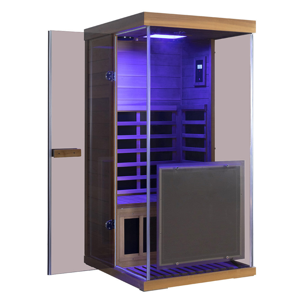Wizzisaunas 909MRX — Outdoor Barrel Sauna in Red Cedar (Right Door)