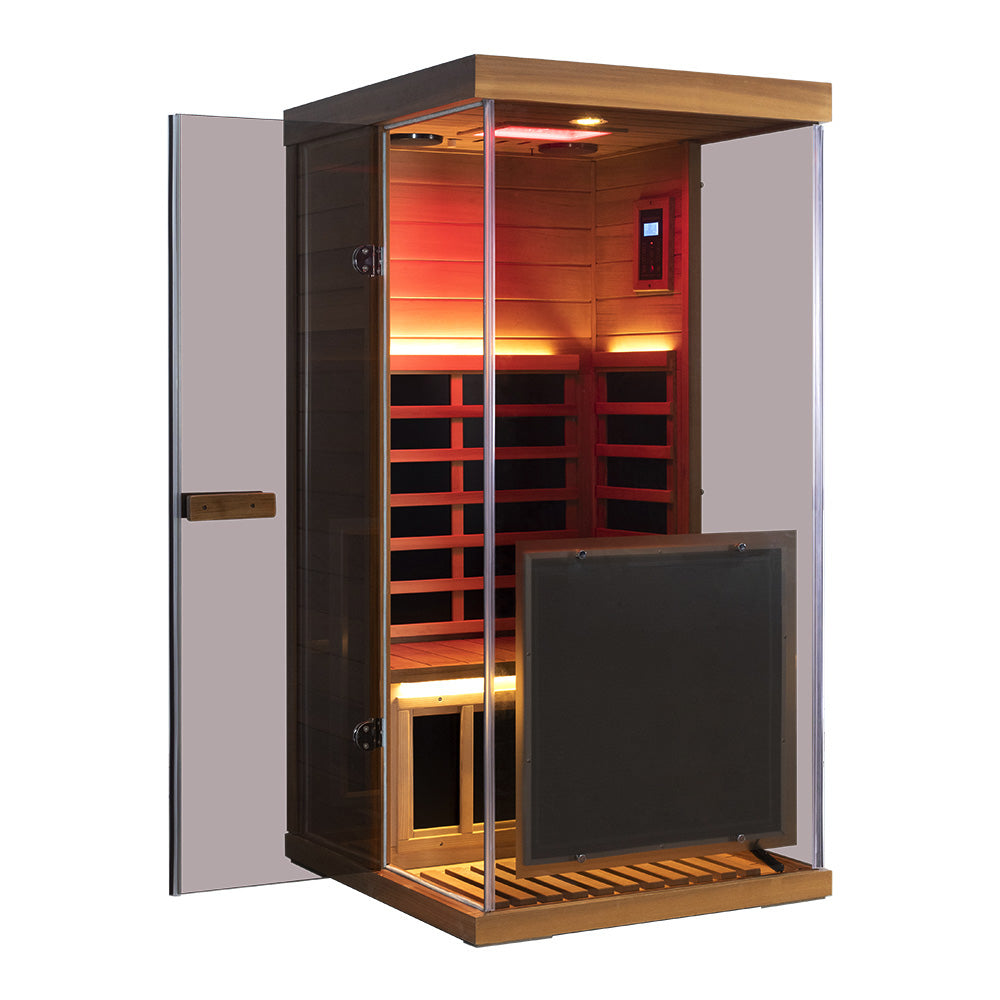 Wizzisaunas 909MRX — Outdoor Barrel Sauna in Red Cedar (Right Door)